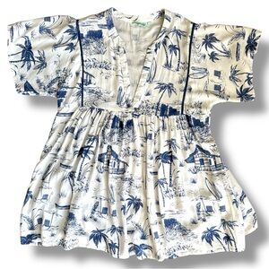 True Destinations Blue/White Toile Beach Print Tunic Top Size Large